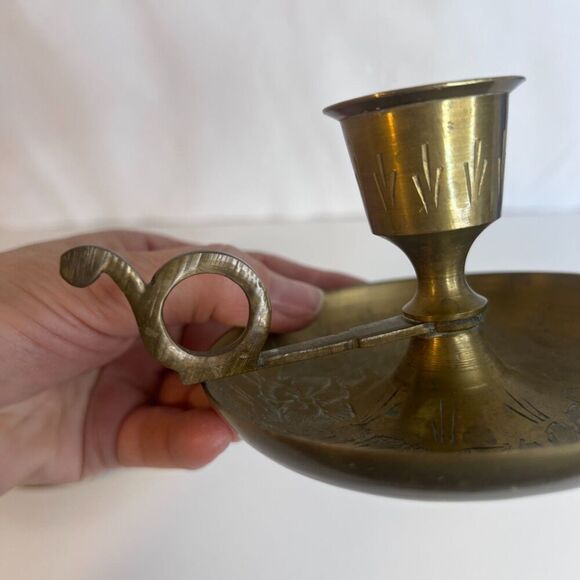 Pair Vintage Brass Candlestick Chamber Stick Finger Holder MCM Etched Floral - Picture 5 of 14